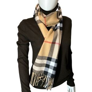 Tartan Plaid Scarf with fringe oblong 100% acrylic. tan white black 70 X 13 new